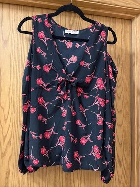 Black Floral Cold-Shoulder Tie-Front Blouse